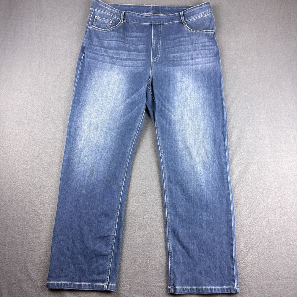 Halara Jeans Womens XL Petite Blue Denim Pull On Stretch High Waist Straight Leg